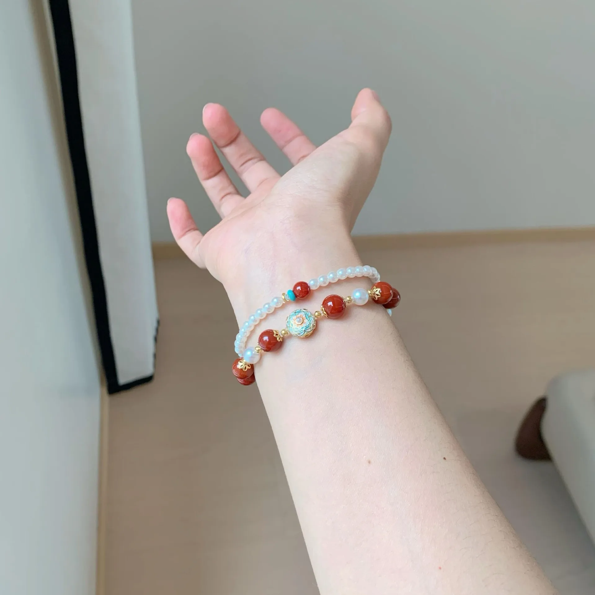 New Chinese Style Lucky Auspicious Southern Red Agate Pearl Stackable Handstring Bracelet For Women Wealth Blessing Fortune Gift