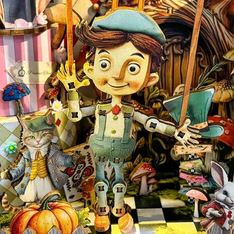 

DIY Wooden Puppet Theater Bookend Book Nook Shelf Insert Miniature Model Kits Bookshelf