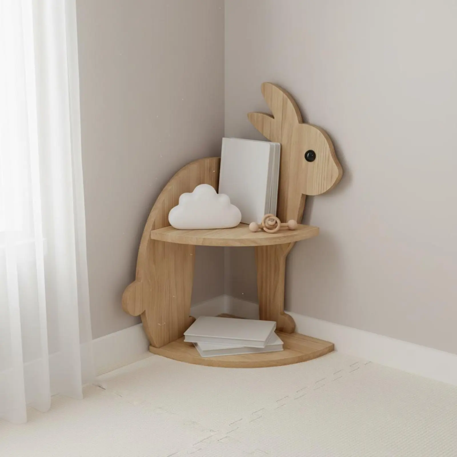 Rabbit Corner Shelf Space Saving Bunny Storage Rack Wooden Corner Organizer Modern Design Sturdy Construction for Children