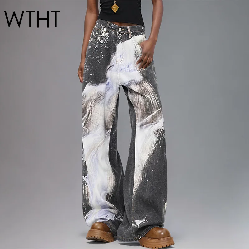 

WTHT Trendy Women's Ink And Wash Design Straight Jeans 2025 Summer Fashion New High Waist Wide Leg Denim Pants Female 1LS1837
