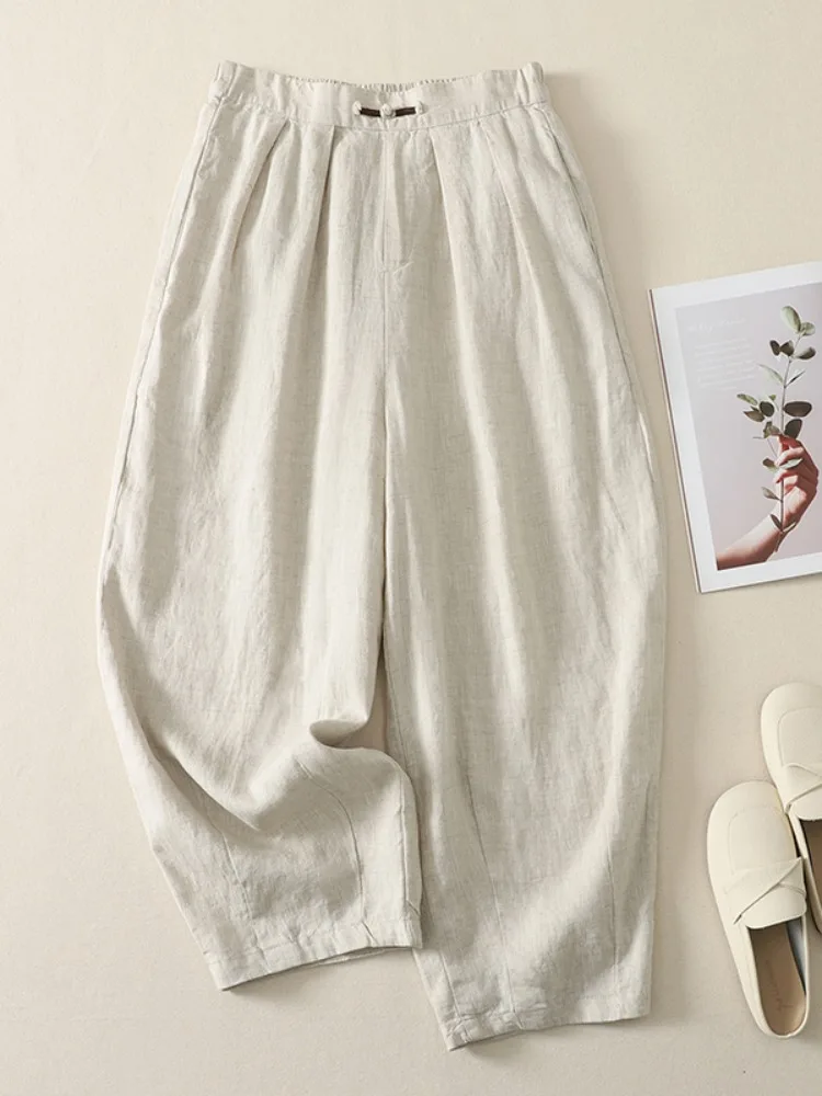 Retro Pure Color Button Cotton Linen Casual Pants Women Summer Half Elastic Waist Small Size Thin Cotton Linen Nine Points