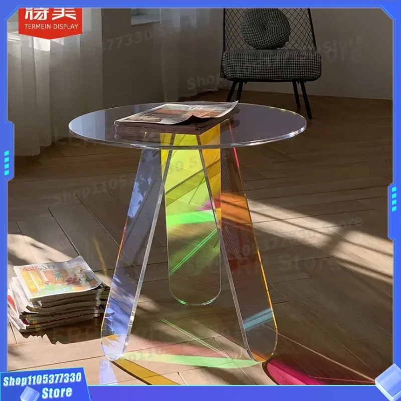 Round Rainbow Acrylic Coffee Table Colorful Glass Side Table for Living Room Leisure Furniture Photography Props Clothing