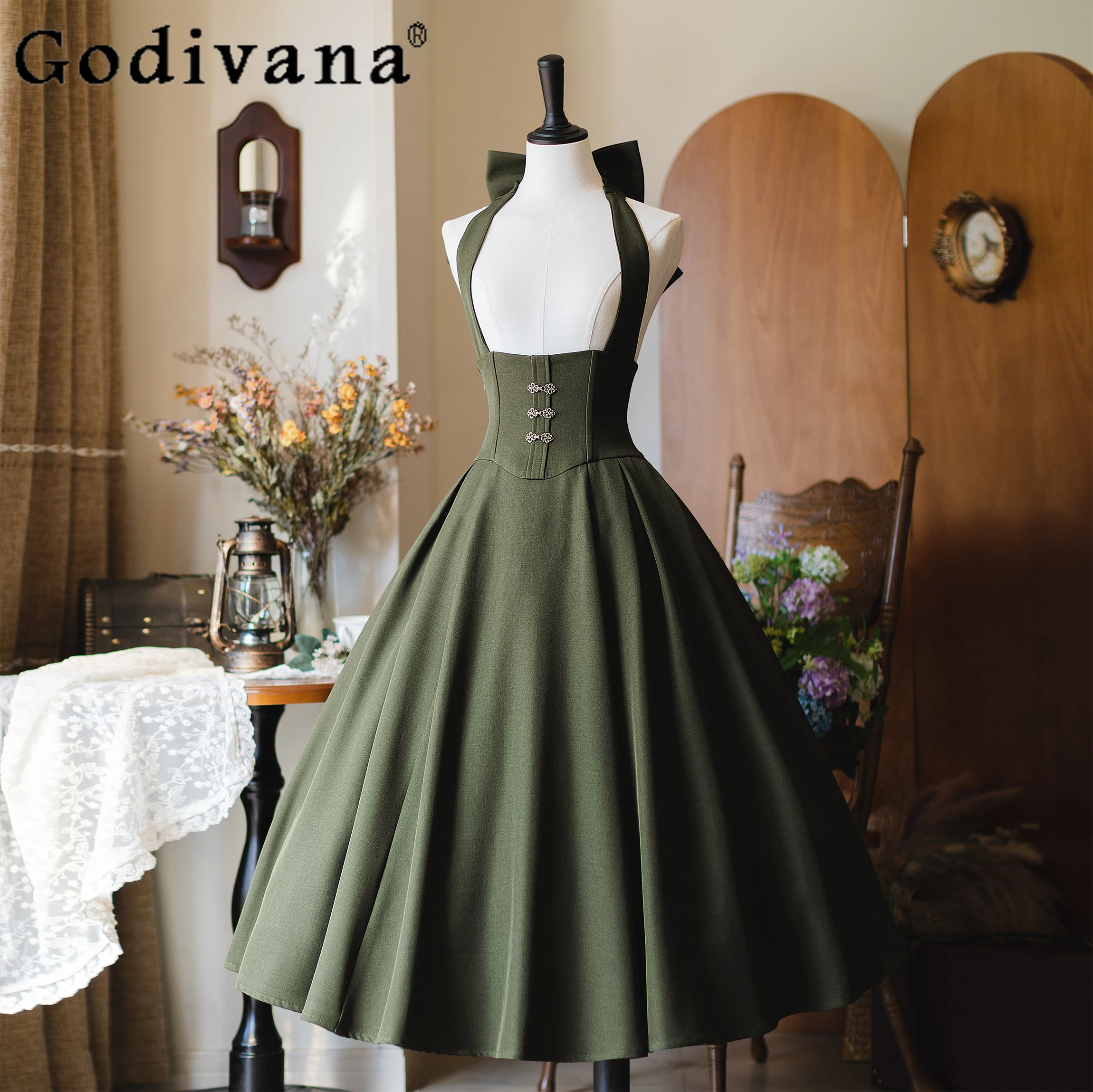 Original Vintage Elegant Lolita Neck Dress Women's High Waist Slim Fit Long Dresses Ladies Long Sleeve Shirt Spring and Autumn