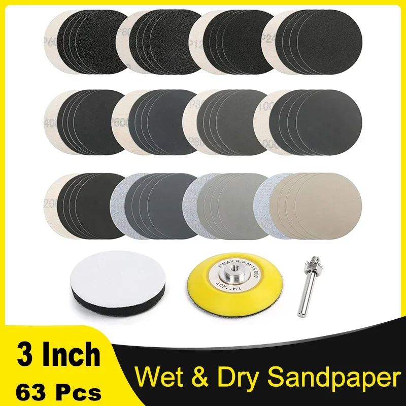 

3 Inch Wet and Dry Sandpaper Kit 63 Pcs 60 - 7000 Assorted Grit with 1/4” Backing and Interface Pad for Automotive Wood Polish