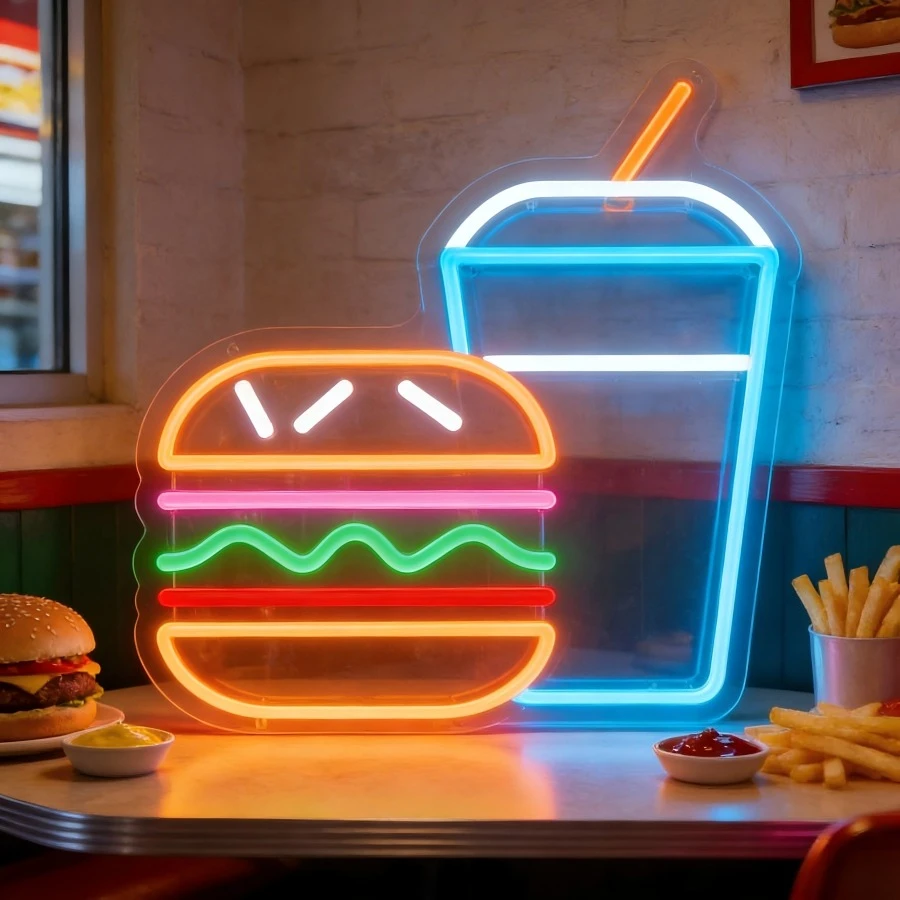 ハンバーガーとドリンクのネオンサイン、ファーストフードレストランの装飾、ホームバーパーティー照明、食欲をそそる雰囲気を演出するledウォールアート