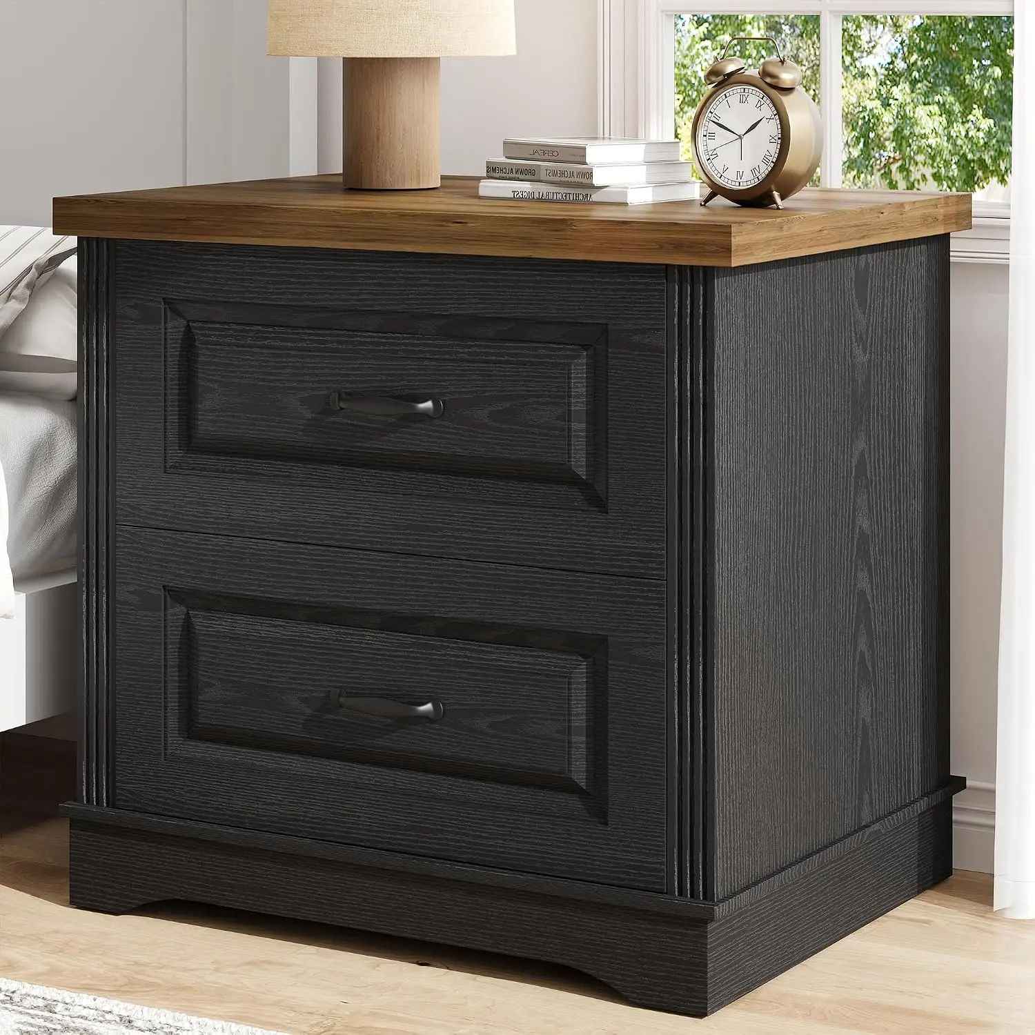 Farmhouse Nightstand End Table with 2 Drawers, 24" Wide Black, Customized