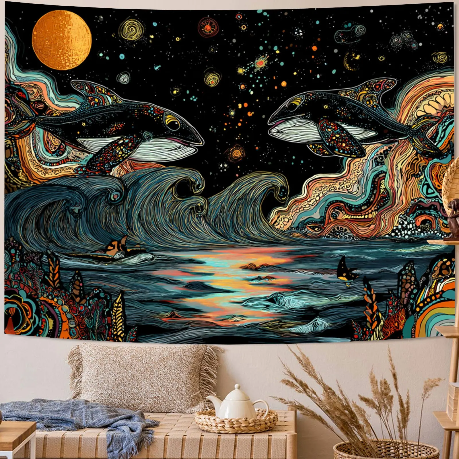 

Whale Leaping Starry Night Ocean Wave Fantasy Art Tapestry Wall Hanging for Living Room Bedroom Office Home Party Decor