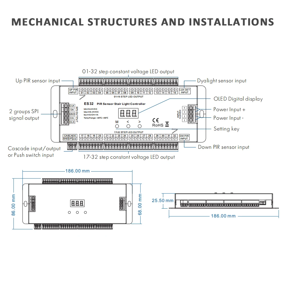 32 Channel LED Stairs Controler PIR Motion Sensor 12V 5V 24V DC Step Controller for Single Color RGB Pixel Strip Light ES32