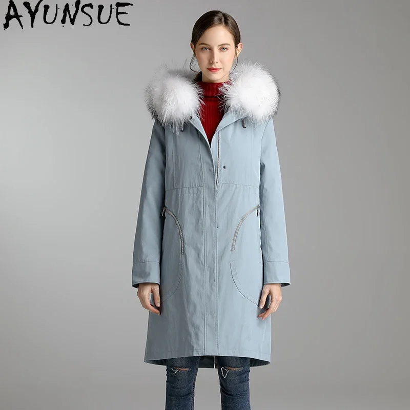 

AYUNSUE Winter Clothes Women Fur Coat Female Natural Raccoon Fur Hooded Rex Rabbit Fur Coat Female Long Woman Parkas 2020 B9116