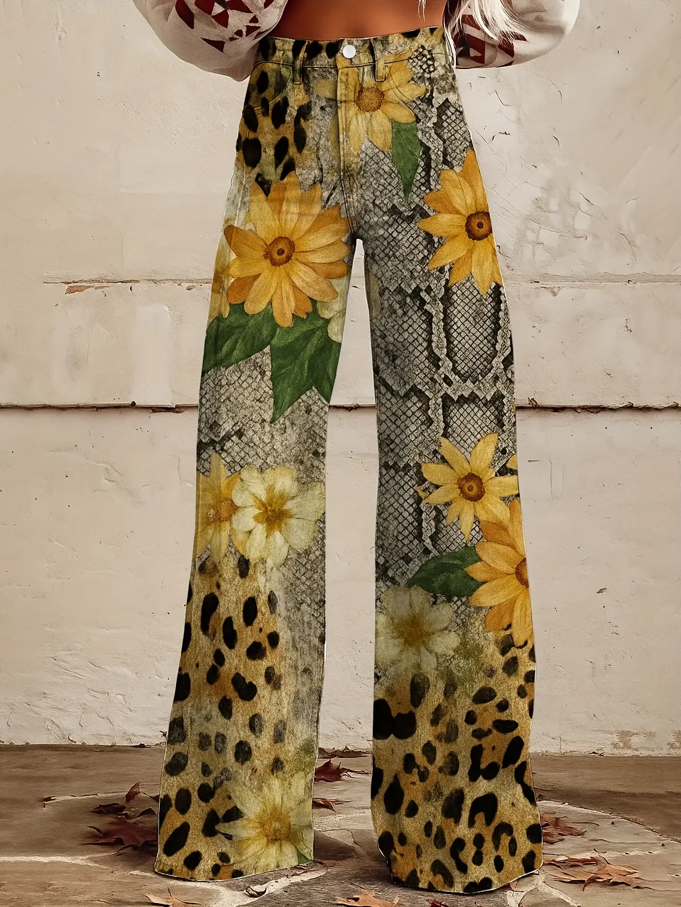  Casual jeans with a variety of colorful western prints, loose wide leg design, and fun printed women's pants