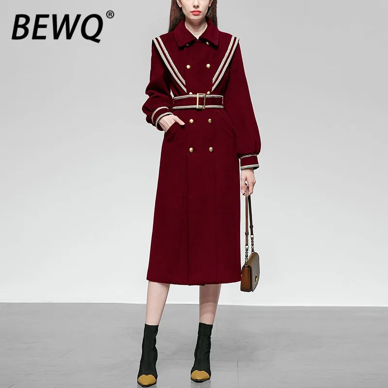 

BEWQ Fashion Women's Elegant Dress Lapel Neck Long Sleeve Stripe Belt Waist Button Evening Party Dress 2025 Autumn Winter New