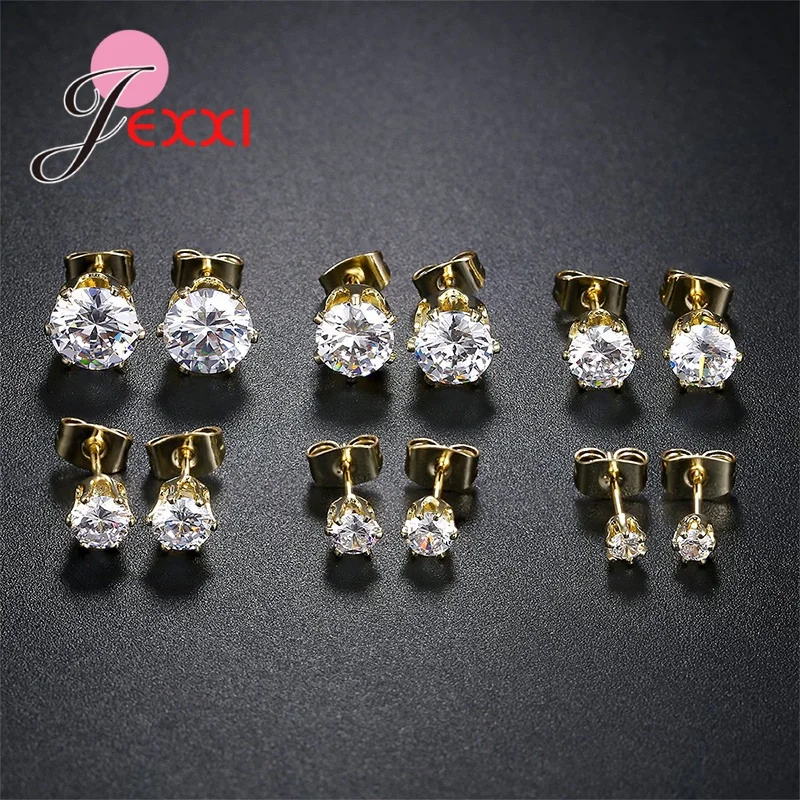 6 Pairs 3/4/5/6/7/8MM Mix Size 925 Silver Needle Rhinestone Claw Setting Simple Classic Stud Earrings for Man Woman Girl Boy
