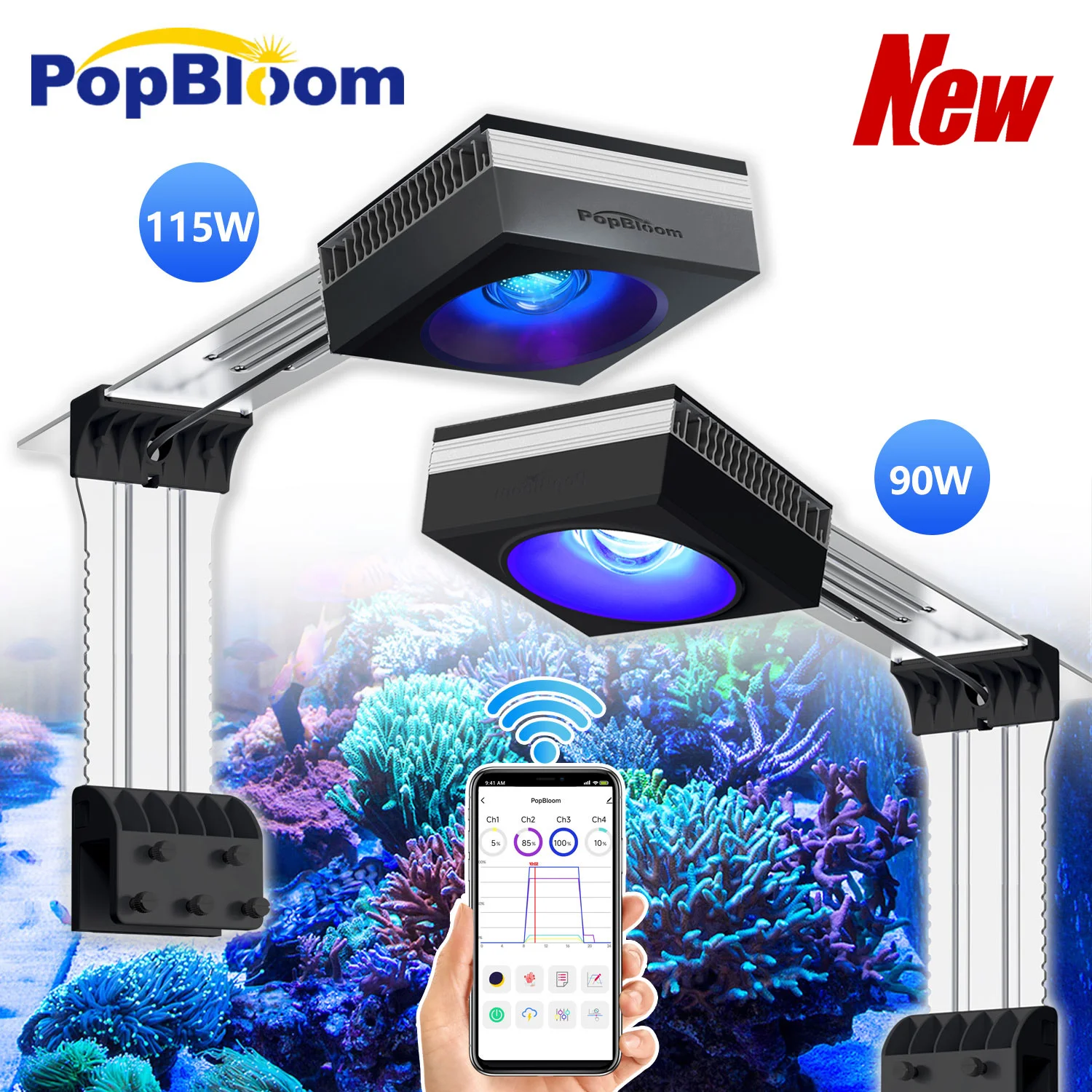 PopBloom WiFi Aquarium LED Light RL90/RL115, Profesjonalna lampa do akwarium z rafami, pełne spektrum do akwariów z rafami koralowymi SPS/LPS i rybami.
