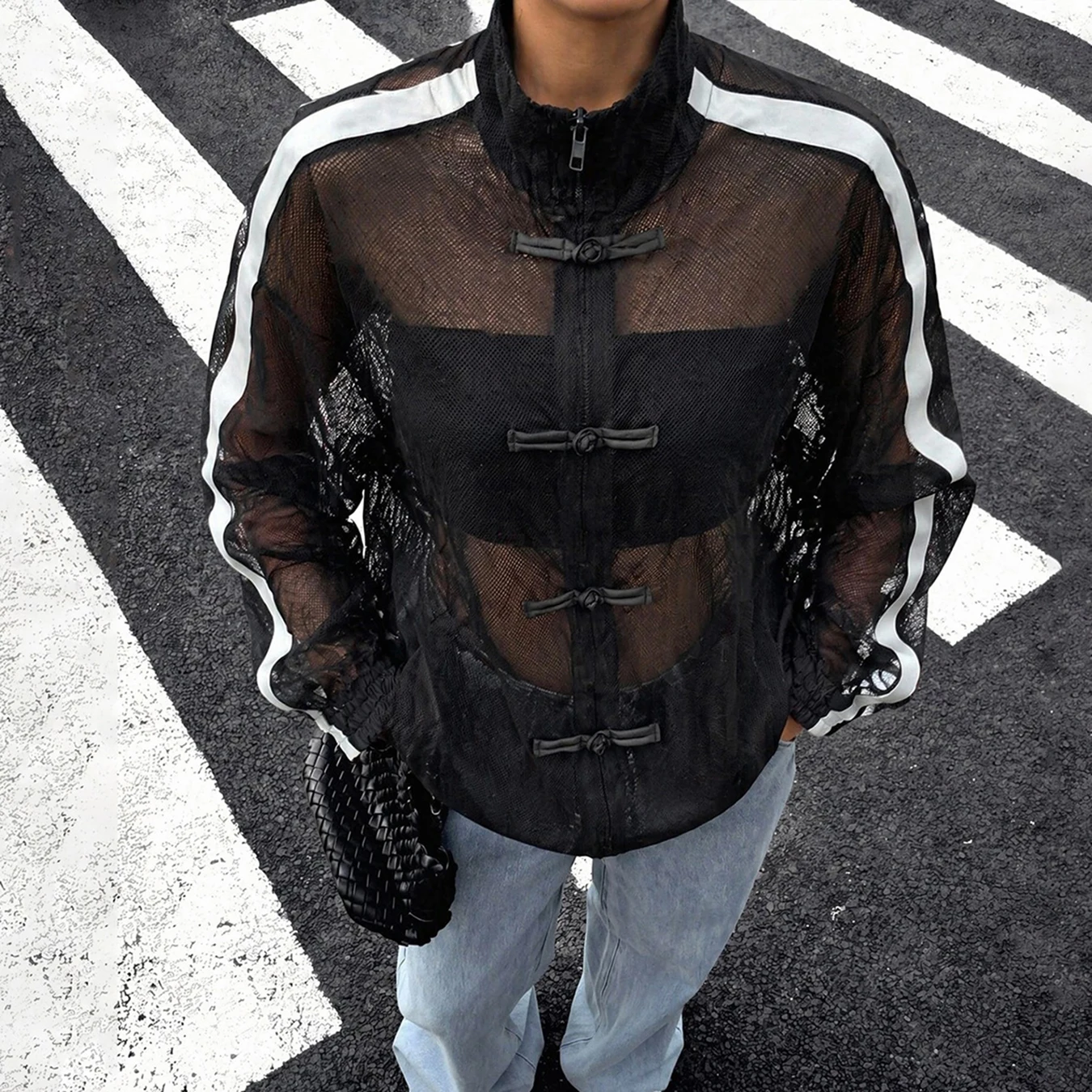 Damenjacke im chinesischen Stil mit Froschknöpfen, durchsichtigem Mesh-Material, Stehkragen, Streifenmuster, langen Ärmeln, transparent, Streetwear-Cardigan – Detail 1