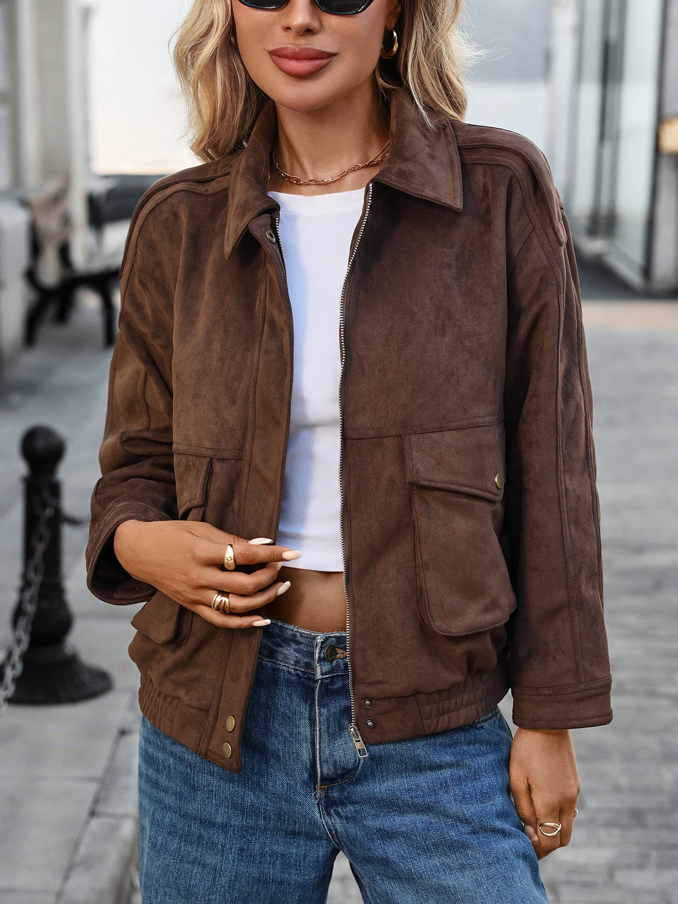 سترة نسائية قصيرة من جلد الغزال الصناعي معطف نباتي لراكبي الدراجات النارية ملابس خارجية عصرية للخريف #1