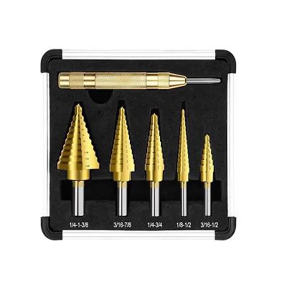 

6pcs Titanuim Wood Matel Drill Bit Pagoda Shape Step Set with 130mm Center Punch Hole Cutter Core