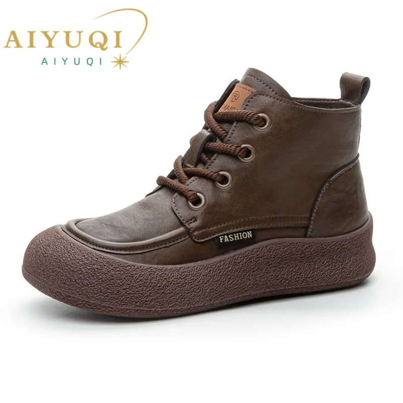 AIYUQI Boots Women Vintage 2026 New Autumn Flat Women\'s Ankle Boots Fashion Plus Size Round Toe Lace-Up Booties Ladies