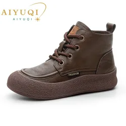 AIYUQI Boots Women Vintage 2026 New Autumn Flat Women's Ankle Boots Fashion Plus Size Round Toe Lace-Up Booties Ladies