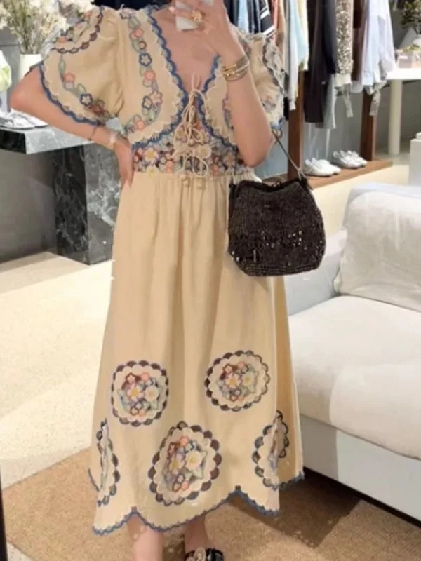 

Exquisite Embroidered Hollow out V-Ne Tie Waist Floral Dr Women's Summer Retro Ethnic Sle A-Line Cotton Linen Blend Dr