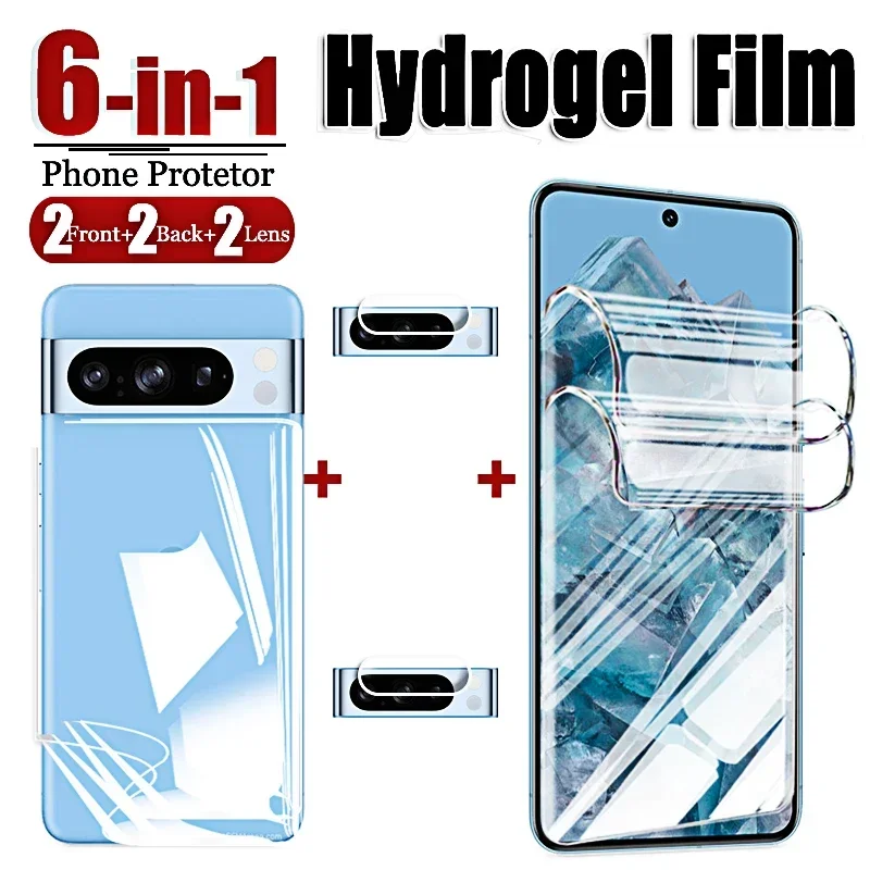 Hydrogel Film for Google Pixel 8 Pro 7 7A 6 Pro Front Screen Protector Full Curved Tempered Soft Glass Back Camera Lens 6in1