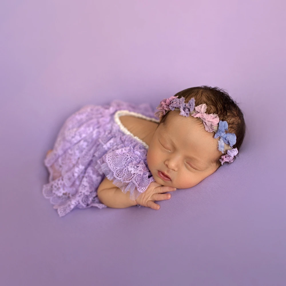 Newborn Photography Props Purple Lace Romper Luxury Ruffle Baby Outfit Infant Photoshoot Clothes Studio Posing Dress Bodysuit