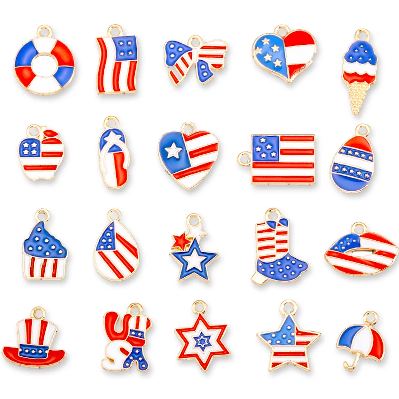 20Pcs Mixed Alloy Drip Oil Heart Star American Flag Pendants Independence Day Collection Charms DIY Necklace Jewelry Accessories