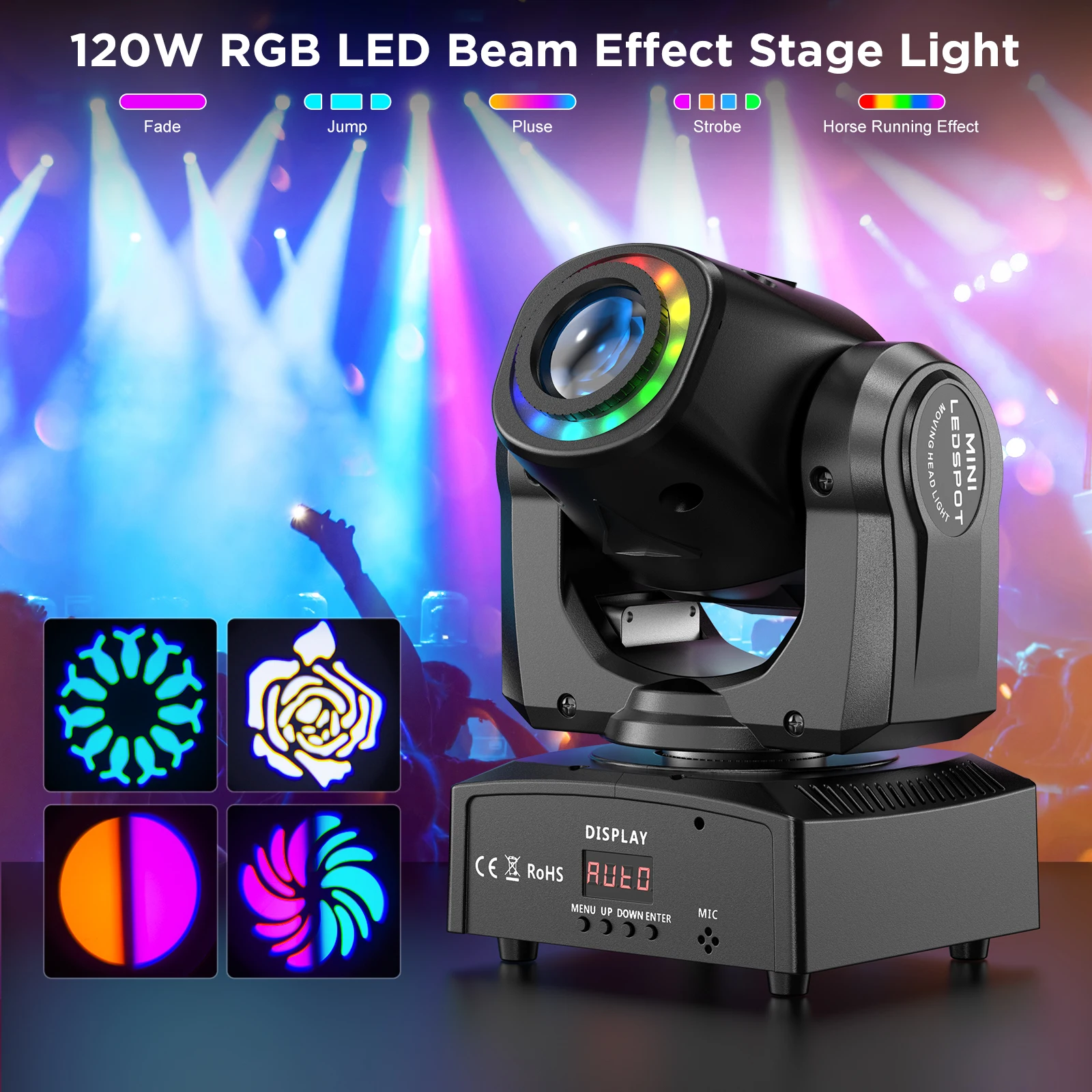 GEFENSI 120W LED Beam Moving Head Light RGB Color Mixing 8 Patterns DMX Effect Light Rotating Stage Light For DJ Show Party KTV