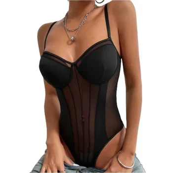 Schwarzer, dünner, durchsichtiger, einteiliger Body für Damen, sexy, verstellbarer Riemen, gepolsterter Push-Up-BH, Strampler, Playsuits