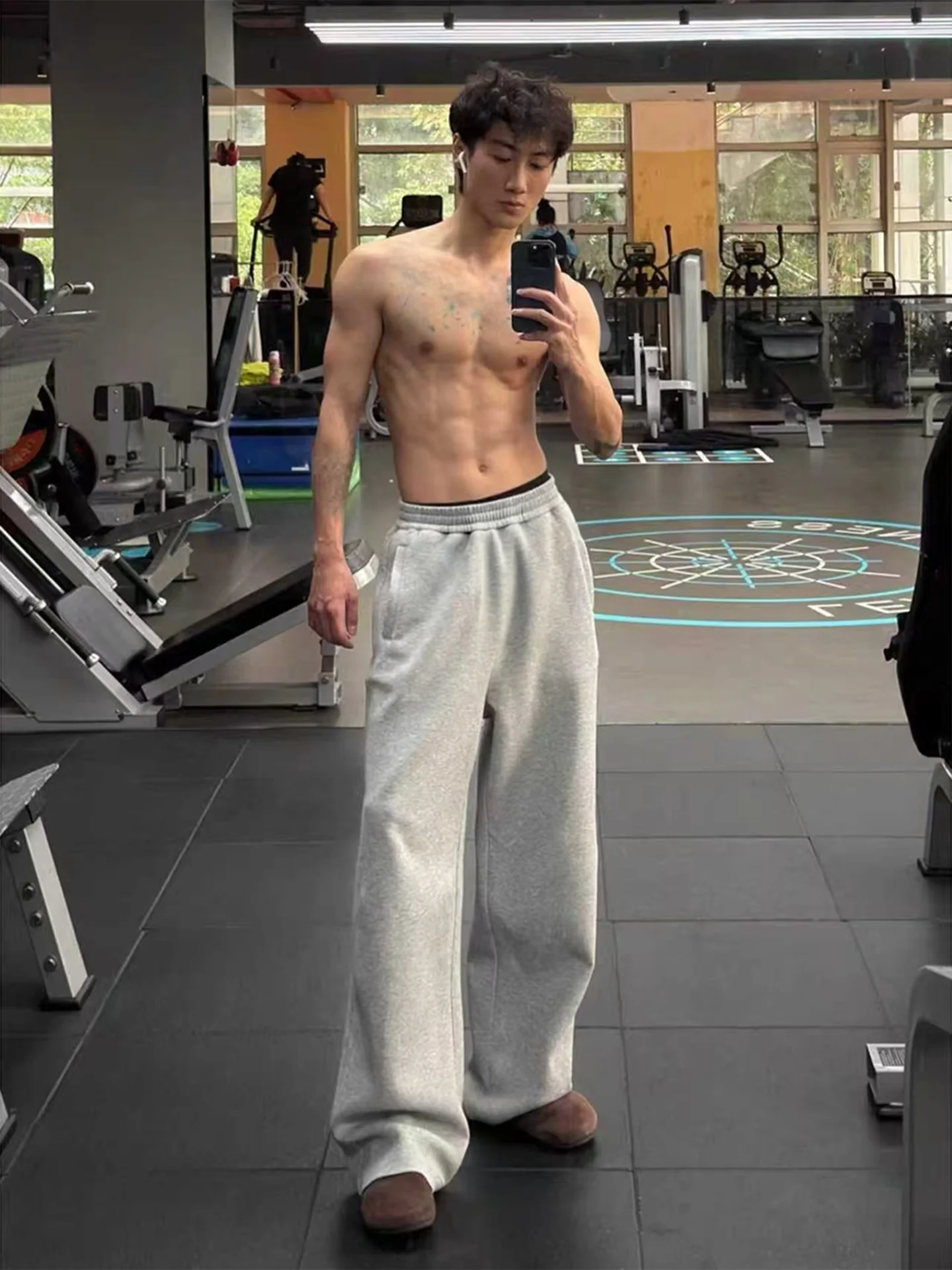 Grey Fitness Sports Sweatpants Men's Retro Cleanfit Knife Straight Heavy Micro Flared Drape Casual Pants Loose Straight Elast...