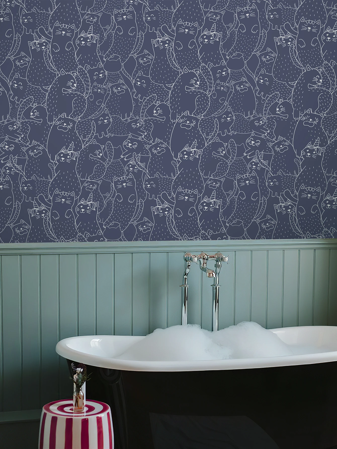 Cute Cat Sketch Line Vinyl Wallpaper Retro Peel And Stick Animal Wall Mural White Waterproof Kid Room Wall Decoration
