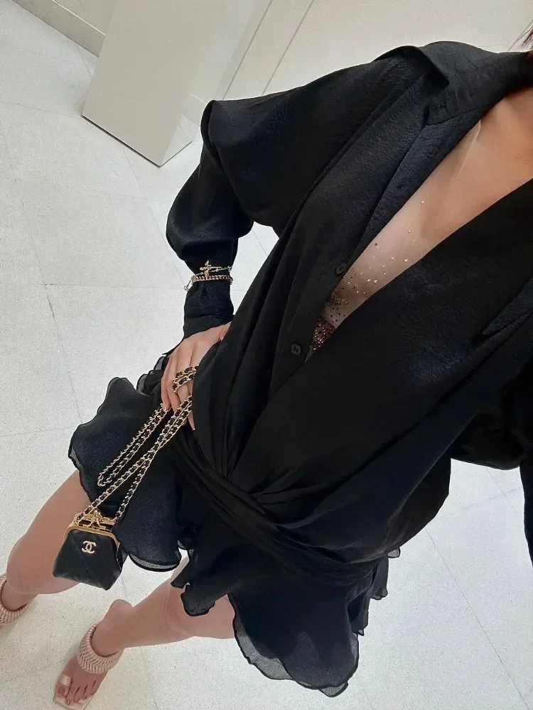 Women Chiffon Mini Dress Casual Loose Oversized Pleated See-through Summer Beach Elegant V Neck Shirt Dress Sexy