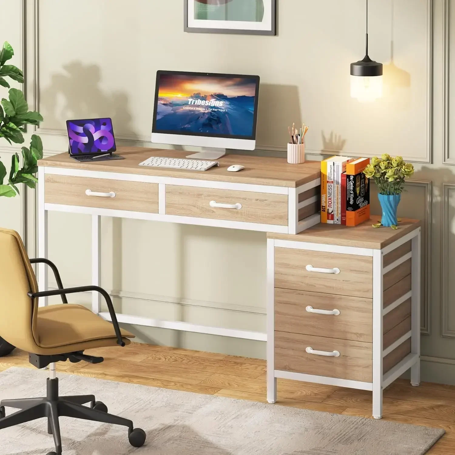 Computer Desk with 5 Drawers, Home Office Desks with Reversible Drawer Cabinet Printer Stand, Industrial PC Desk with Storage