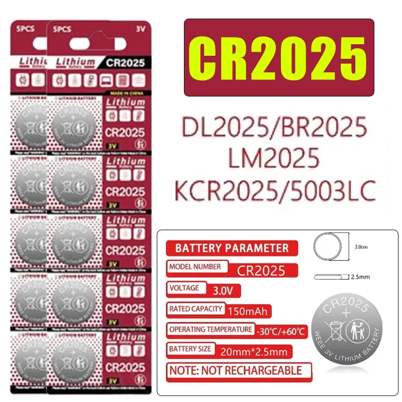 50~5pcs 3V CR2025 Lithium Button Battery DL2025 BR2025 5003LC LM2025 CR 2025 Coin Cell Watch Batteries For Toys Clock Computer