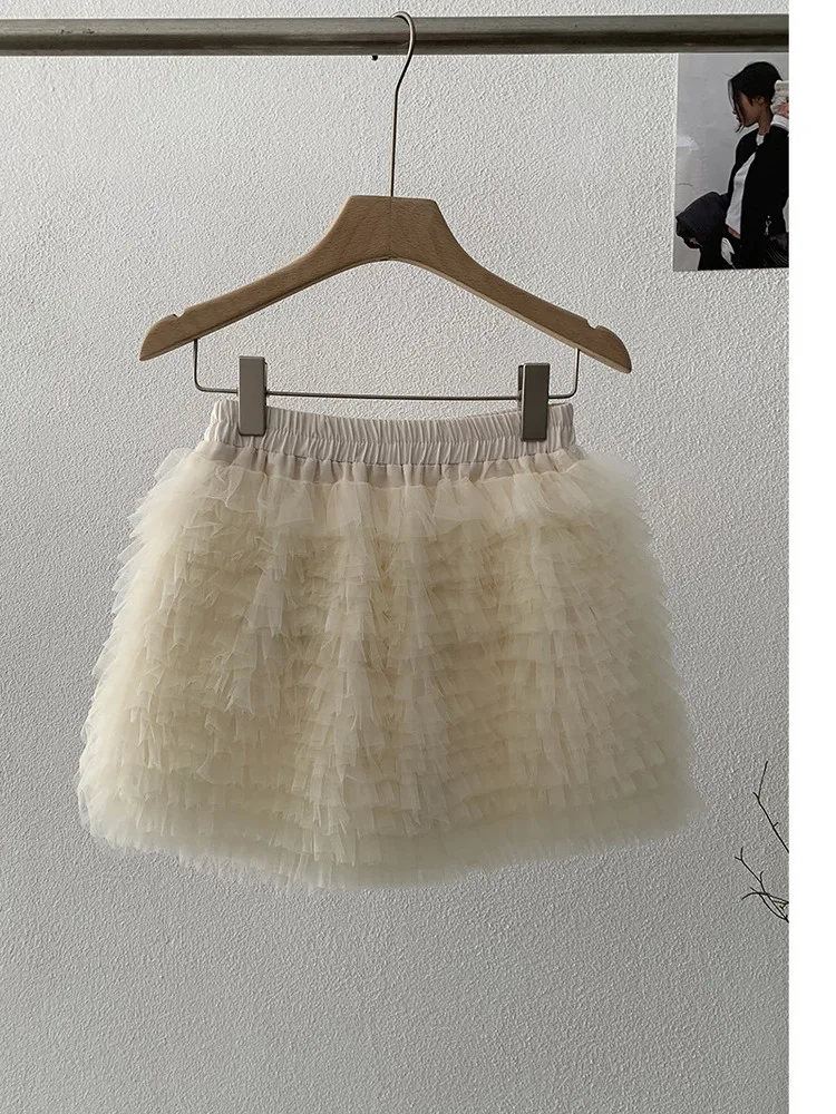 

New 2026 Layered Mesh Short For Women Summer High-waisted Elegant Cake A-line Mini Short Skirt