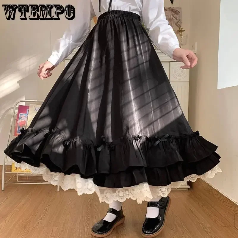 WTEMPO Japanese Solid Color Double Layer Vintage French Ruffled A-line Skirts Female Hepburn Style Black White Long Lolita Skirt