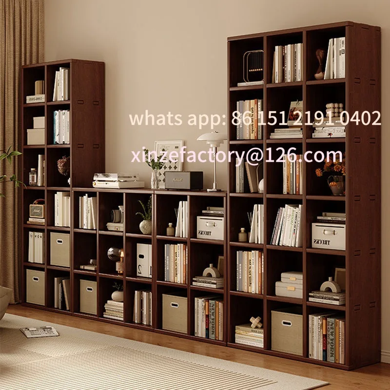 Customizable all solid wood bookshelf whole wall bookcase integrated new Chinese living room walnut color full wall home shelf