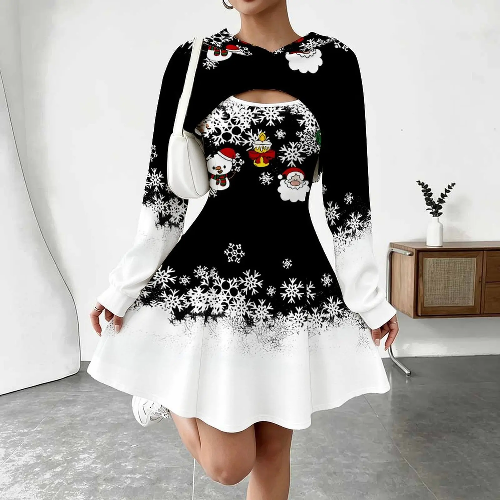 Print Mini Dress Retro Elegant Vest Skirt Autumn Winter Women's Fashion Hooded Long Sleeve Wraps Christmas Two-Piece Set