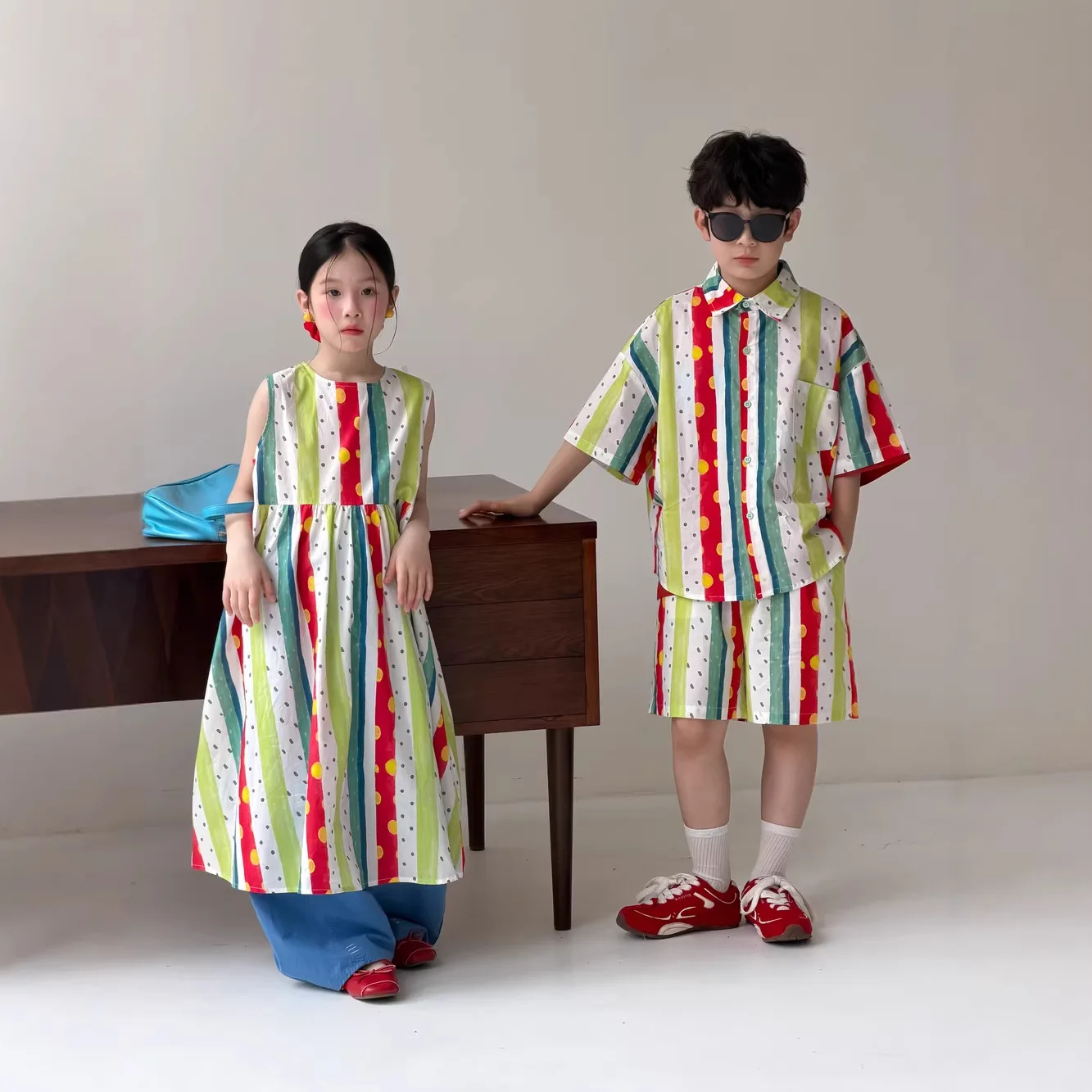 Children Clothes Set Summer 2026 Korean-style Vertical Striped Color Sleeveless Dress Boys Shirt and Shorts Two Piece Set