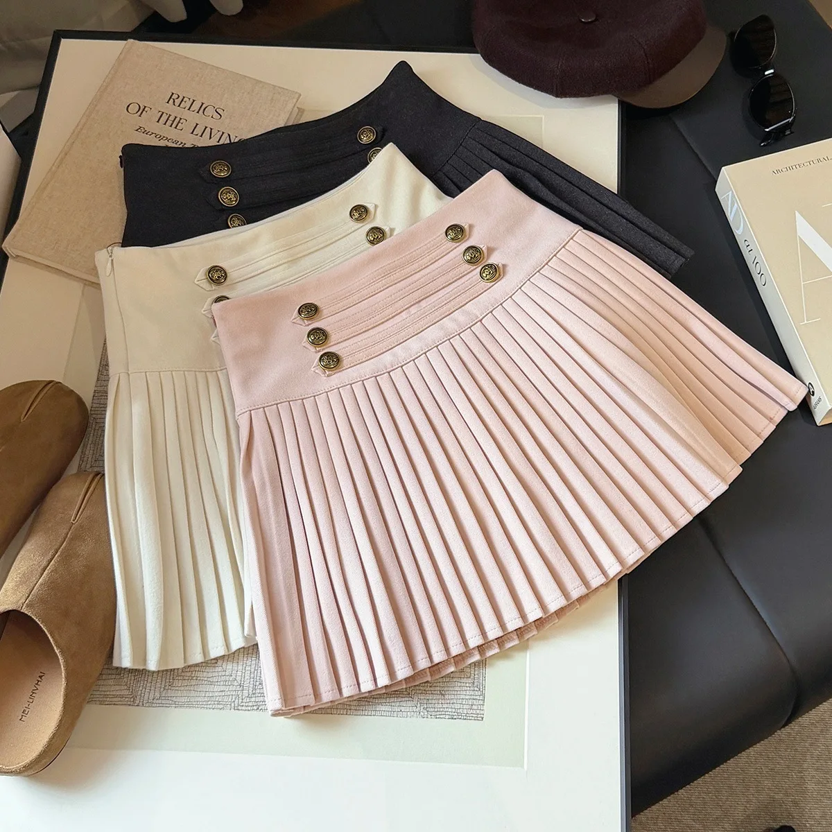 Korean Double-breasted Woolen Pleated Skirt Women Autumn and Winter New High-waisted A-shaped Skort Short Skirt