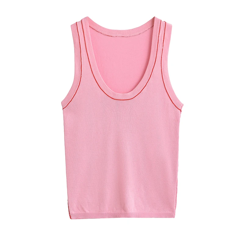 YENKYE Summer Women Basic Knit Top With Contrasting Piping Female Round Sleeveless Casual Slim Tank Tops ropa de mujer