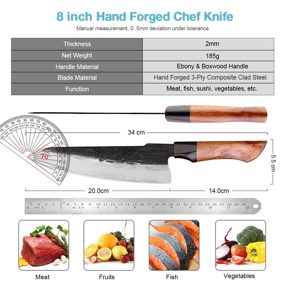 New Hand Forged Chef Knife, 3 Layers High Carbon Composite Forging Steel, Super Sharp Edges Ergonomic wood handle Kitchen Knives