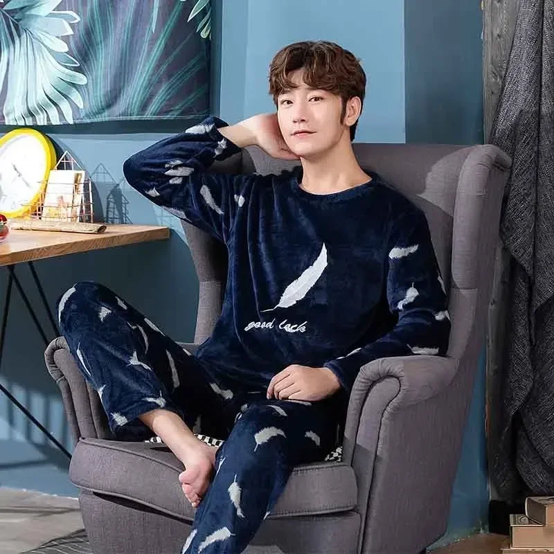 Set Coral Thickened Flannel Winter Sleepwear Sets Sleeve Pajamas Warm Cartoon Nightwear Lounge Fleece Men For Men's Long