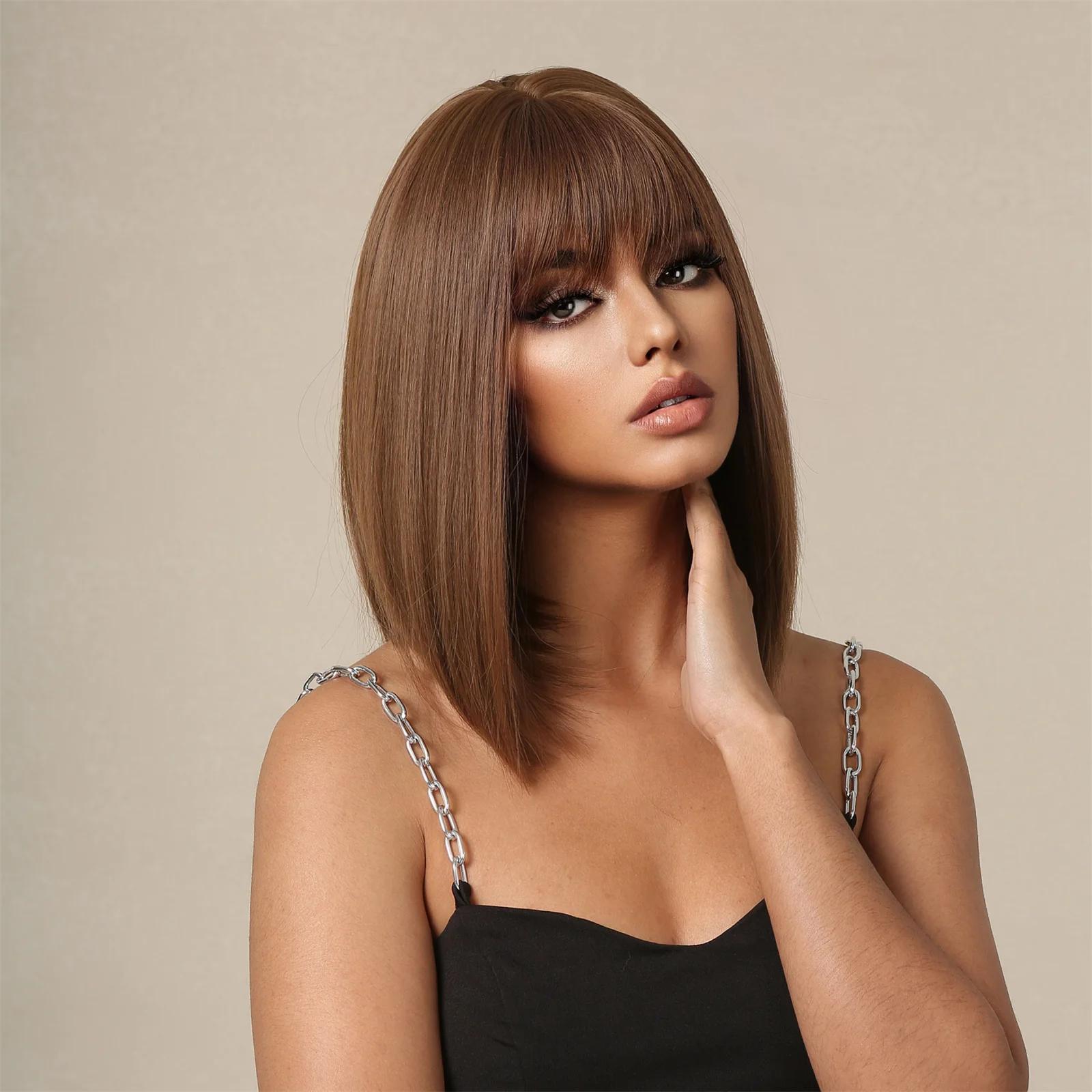 HENRY MARGU Short Straight Bob Synthetic Wigs Brown with Bangs for Women Daily Lolita Natural Wigs Heat Resistant Fiber