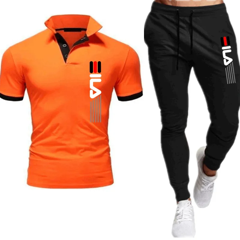 Men\'s Trousers Tracksuit 2 Piece Set Printed Summer Jogger Sportswear Short Sleeve POLO Shirt+Long Pants Casual Street Clothes