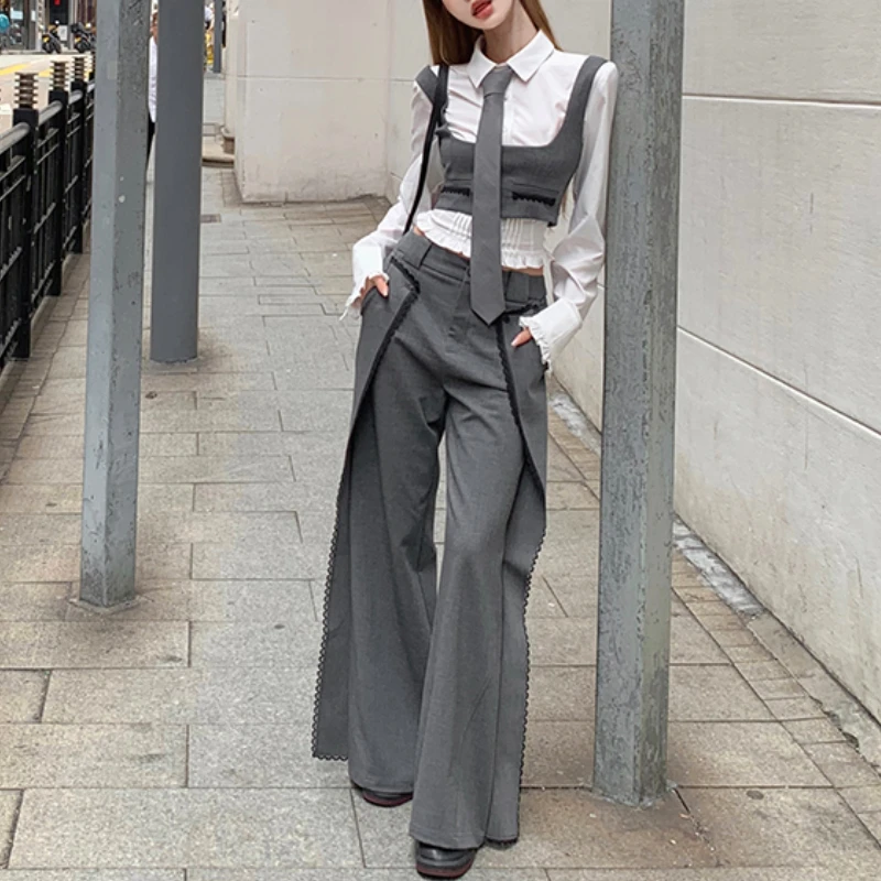 Spring 2024 New Korean Polo Collar Casual Shirt Women + Contrast Color Patchwork Wide Leg Pants + Vest + Tie Four-piece Suit