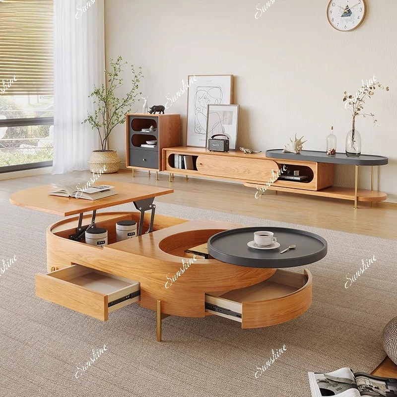Modern simple log color small apartment Nordic telescopic lifting cream style living room coffee table