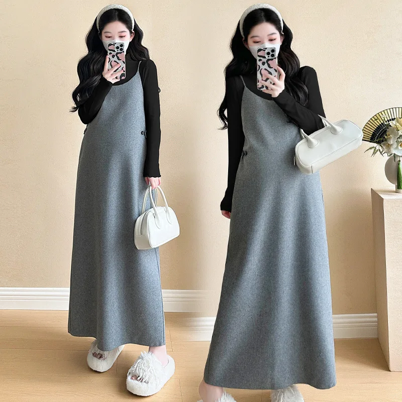 2024 Autumn Winter Maternity Dress Pregnant Woman Woolen Slip Dress With Slit Back Fashion Loose Outwear Woman Costume Matching