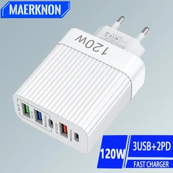 Cargador rápido USB de 5 puertos PD tipo C, adaptador de cargador de teléfono de carga rápida para iPhone 15 Pro, Samsung, Xiaomi, Huawei, cargador de pared USB C