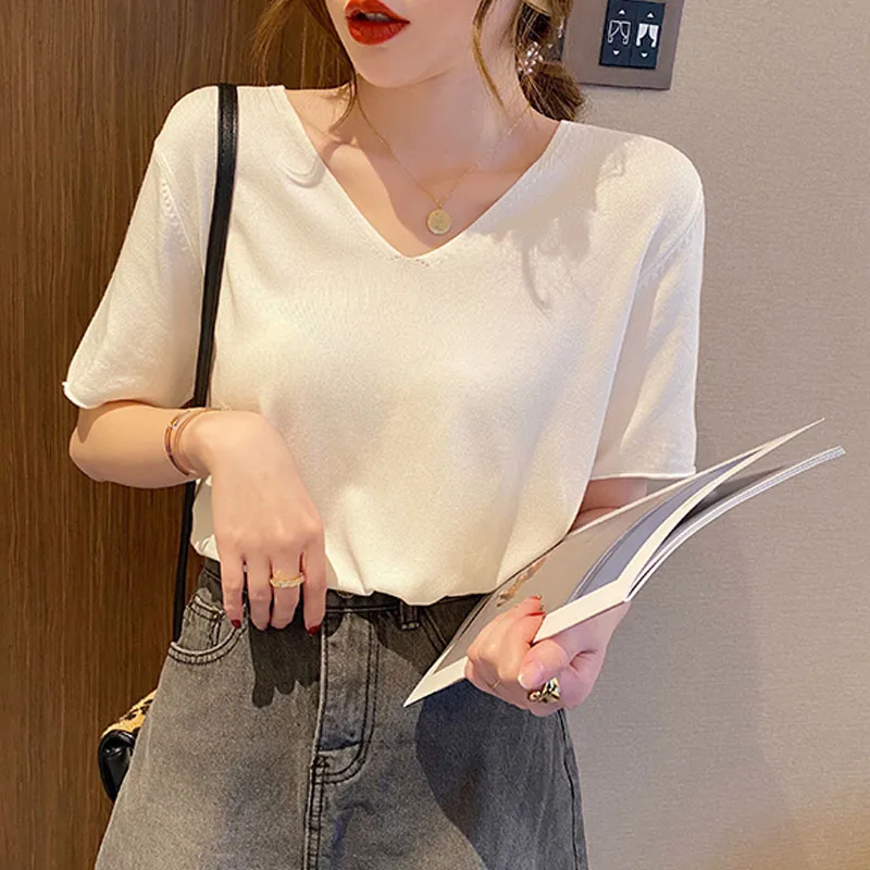 

Knitted Sweater Women Pullovers New Short Sleeve V-Neck Knitwears Knit Sweater Pullover Women Tops Black Sueters De Mujer Q3424