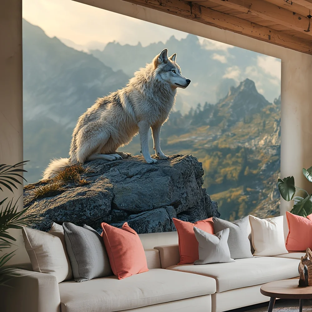 Majestic Wolf on Rocky Cliff Tapestry - Perfect for Adding Nature and Adventure Style to Any Room Decor, Ideal for Home Use